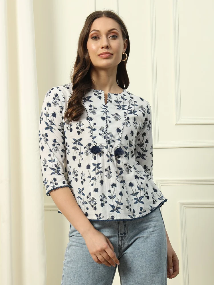 FIORRA Women s White Printed Cotton Top